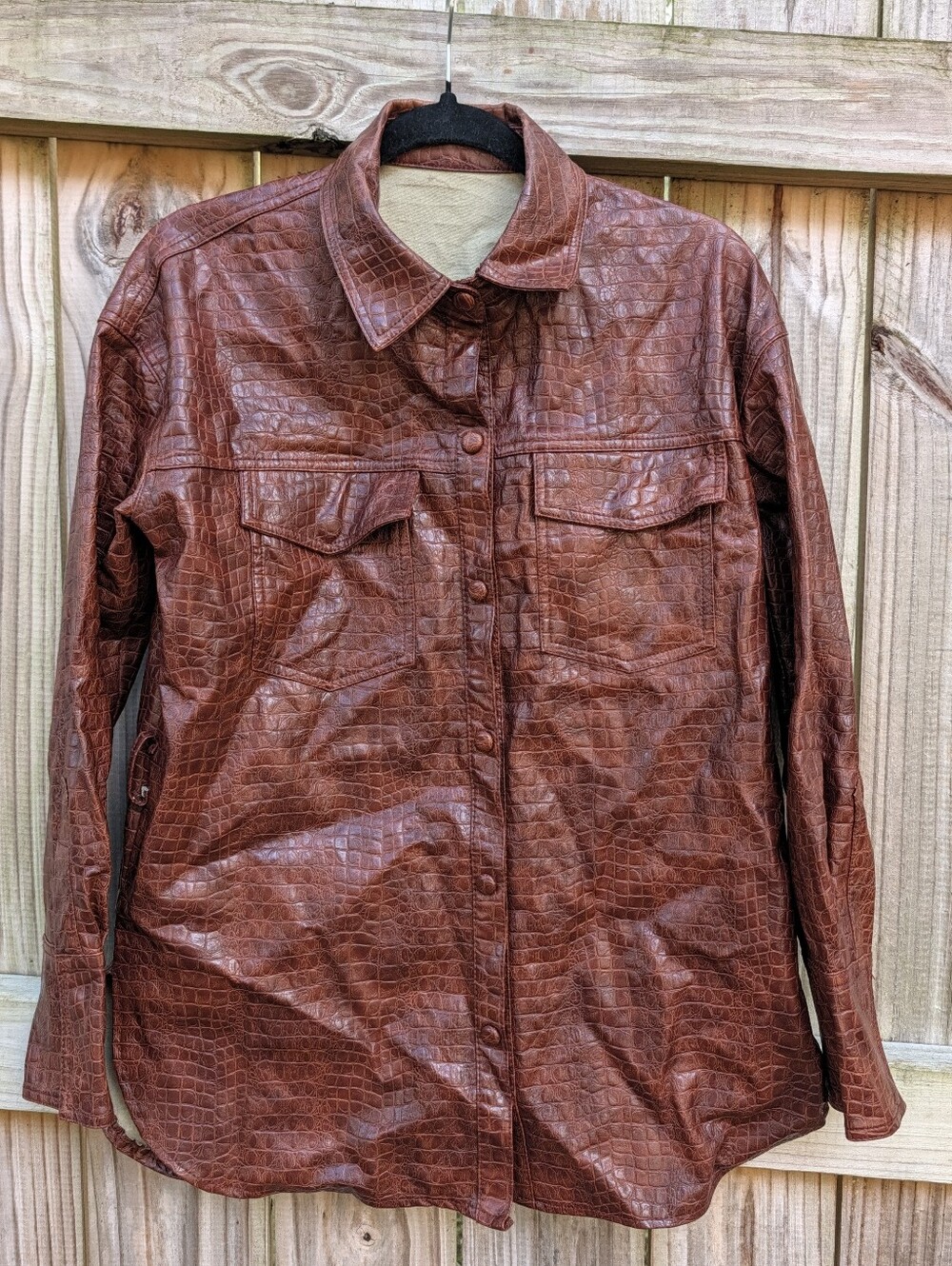 Woen's Red Croc-Embossed Leather Jacket - Classic Snap Button Front